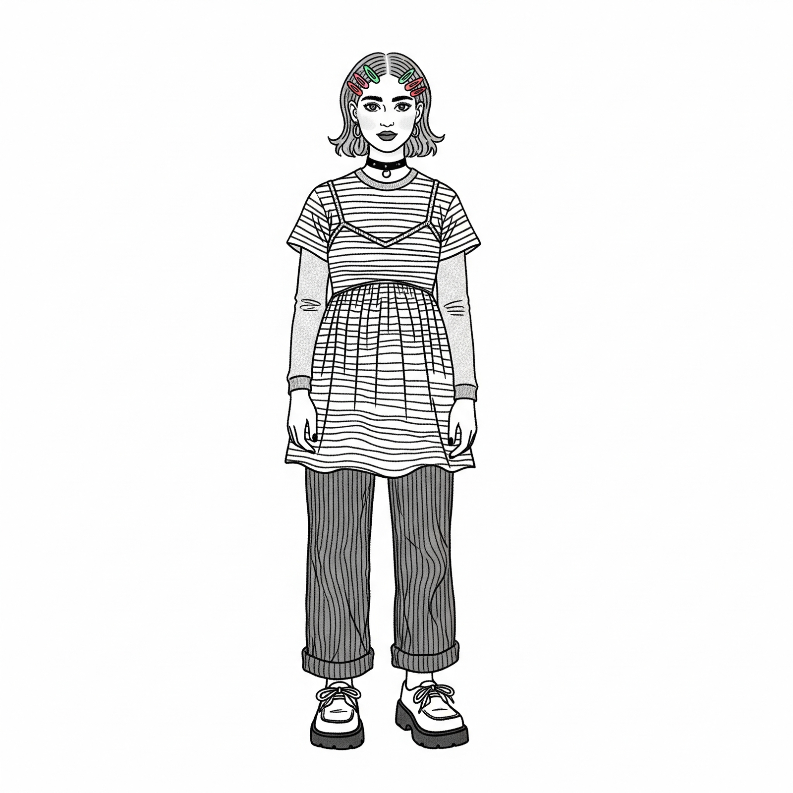 A fun, 90s zine-style cartoon drawing of a woman in indie fashion, wearing a striped t-shirt under a short dress, cuffed pants, and barrettes.