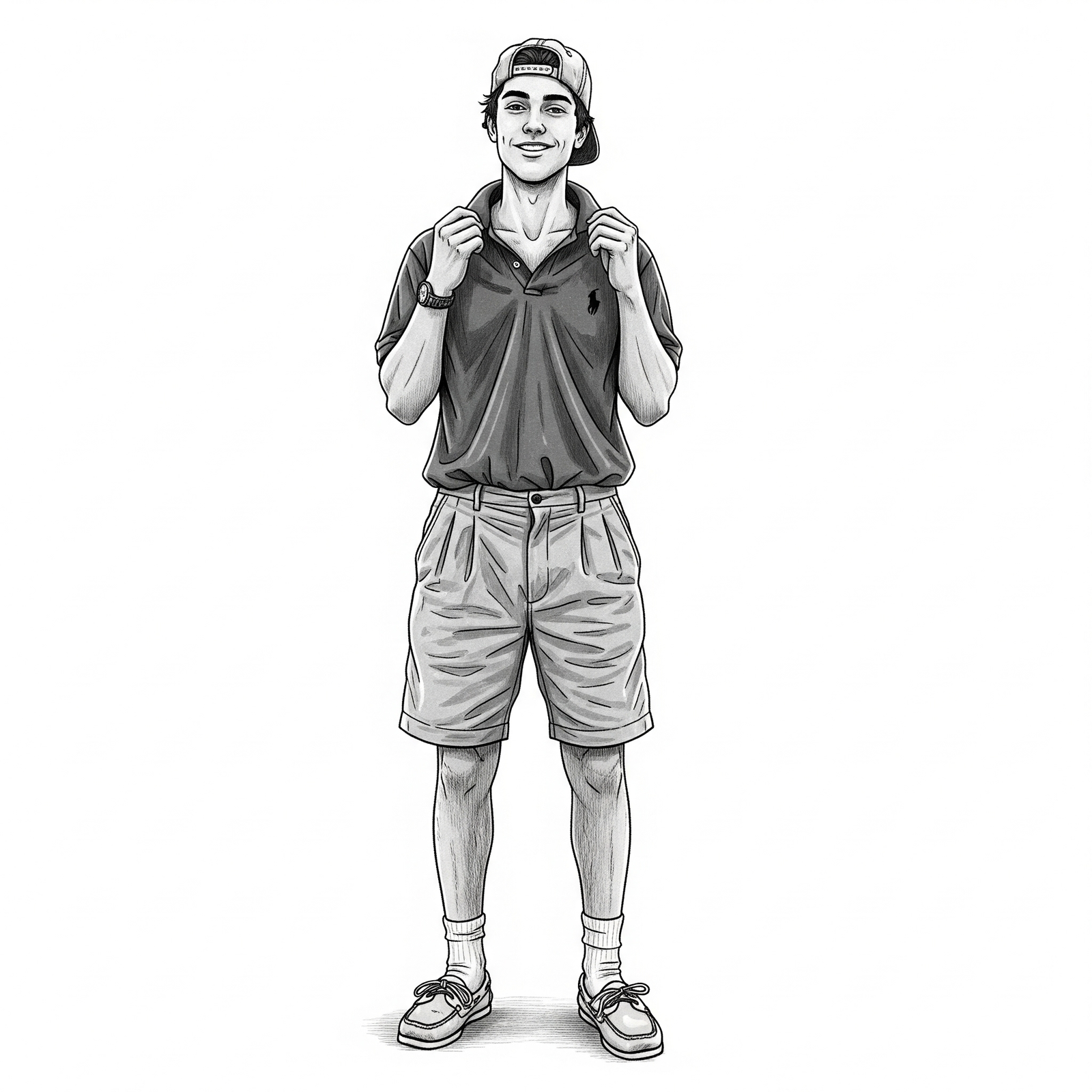 A zine-style cartoon drawing of a man in preppy 90s fashion with a popped collar polo shirt.
