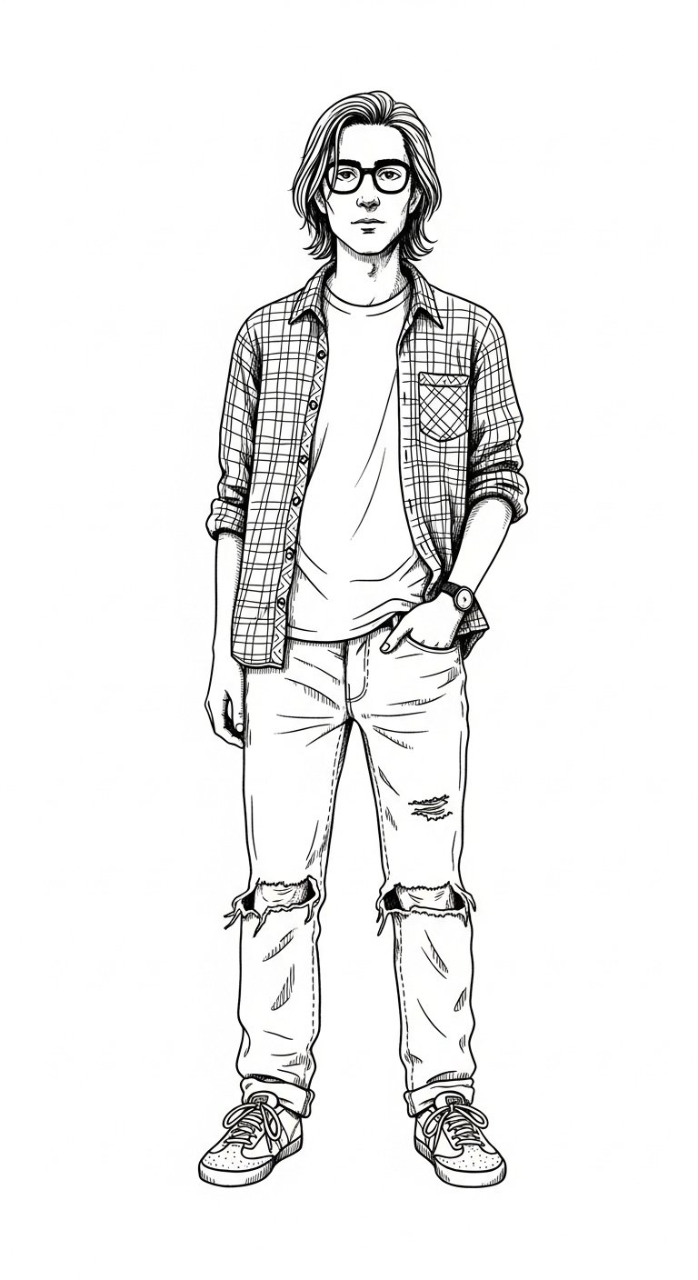 A zine-style cartoon drawing of a man with longish 90s hair, wearing an open flannel shirt over a t-shirt and ripped jeans.